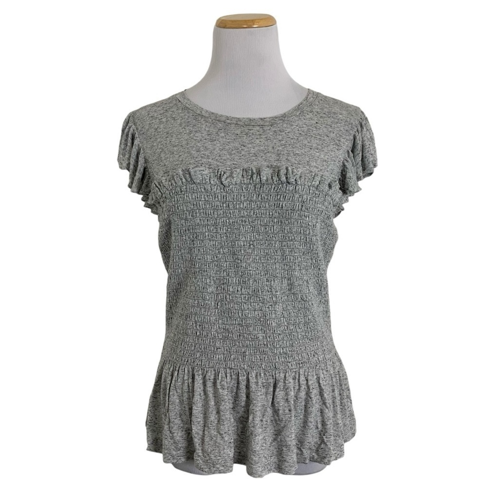 Rebecca Taylor Smocked Ruffle Flax Rayon Jersey Top Stretch Jersey Size Large